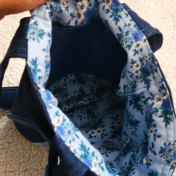 Double sided Handmade Denim Tote Spring Floral Pocket and Blue Bow Bird Artsy - Picture 7 of 10